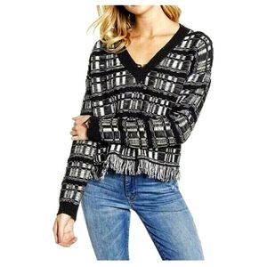 WILDFOX Reece Ritzy Fringe V-Neck Cotton Blend Sweater distressed